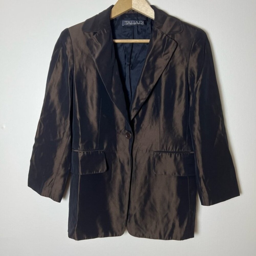 Tahari Womens Blazer 2/XS Coat Metallic Brown Career Button Relaxed Fit Acetate